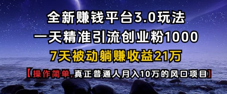 全新赚钱平台3.0玩法一天精准引流创业粉1000.7天被动躺Z收益21W【仅揭秘】 - 小毅网创-小毅网创