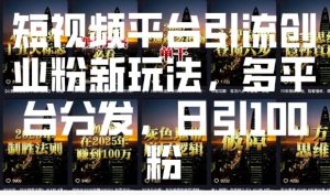 短视频平台引流创业粉新玩法，多平台分发，日引100粉-小毅网创