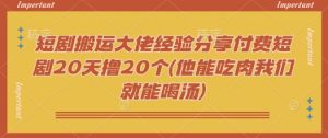 短剧搬运大佬经验分享付费短剧20天撸20个(他能吃肉我们就能喝汤)-小毅网创