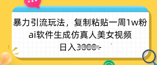 暴力引流玩法,复制粘贴一周1w粉,ai软件生成仿真人美女视频,日入多张 - 小毅网创-小毅网创