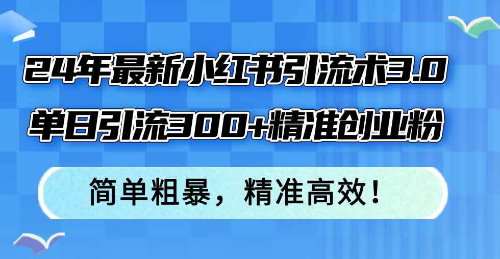 24年最新小红书引流术3.0，单日引流300+精准创业粉，简单粗暴，精准高效！ - 小毅网创-小毅网创