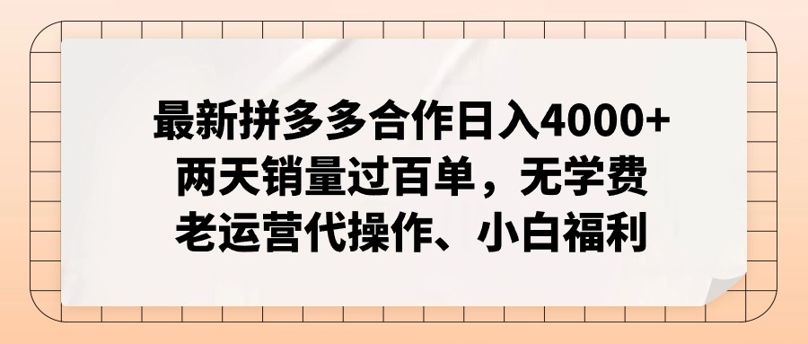 拼多多最新合作日入4000+两天销量过百单，无学费、老运营代操作、小白福利-小毅网创