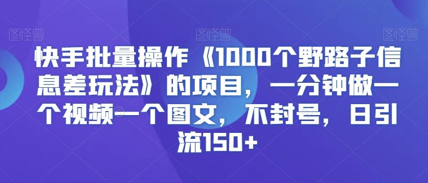 快手批量操作《1000个野路子信息差玩法》的项目，一分钟做一个视频一个图文，不封号，日引流150+【揭秘】 - 小毅网创-小毅网创