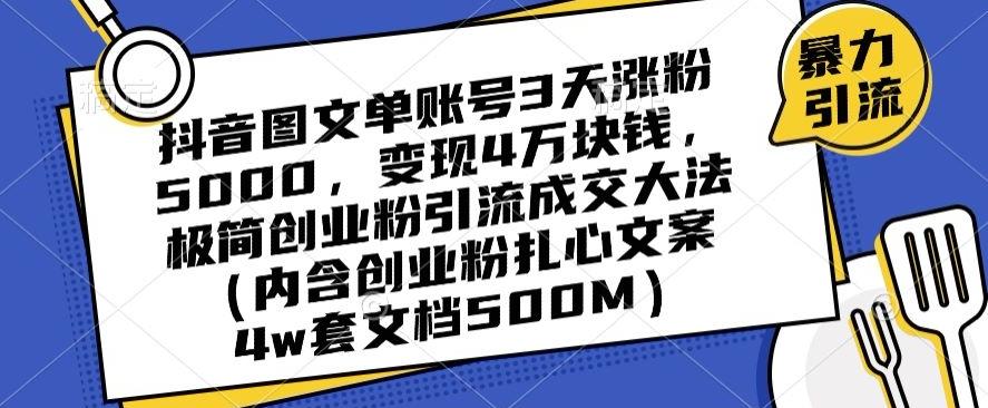 抖音图文单账号3天涨粉5000，变现4万块钱，极简创业粉引流成交大法 - 小毅网创-小毅网创