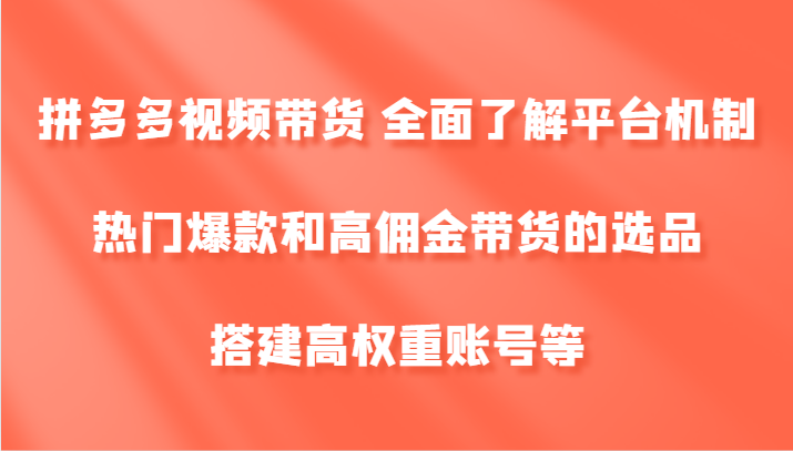 拼多多视频带货 全面了解平台机制、热门爆款和高佣金带货的选品，搭建高权重账号等-小毅网创