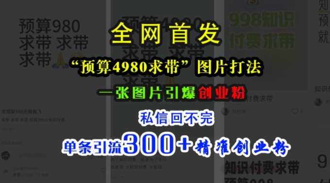 小红书“预算4980带我飞”图片打法，一张图片引爆创业粉，私信回不完，单条引流300+精准创业粉 - 小毅网创-小毅网创