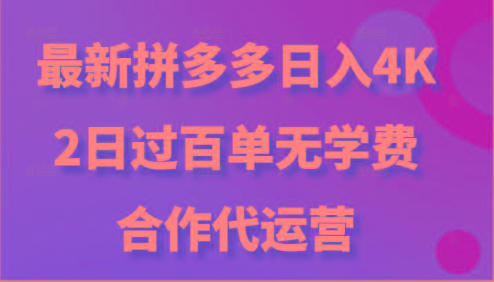 最新拼多多，日入4K+，2日过百单无学费，合作代运营 - 小毅网创-小毅网创